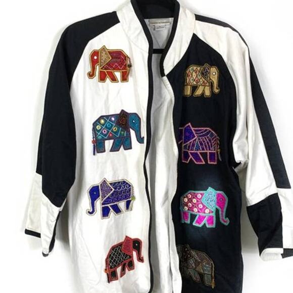 Vintage Drapers & Damons XL Elephant Embroidered Patch Tunic Jacket White Boho - Picture 3 of 10